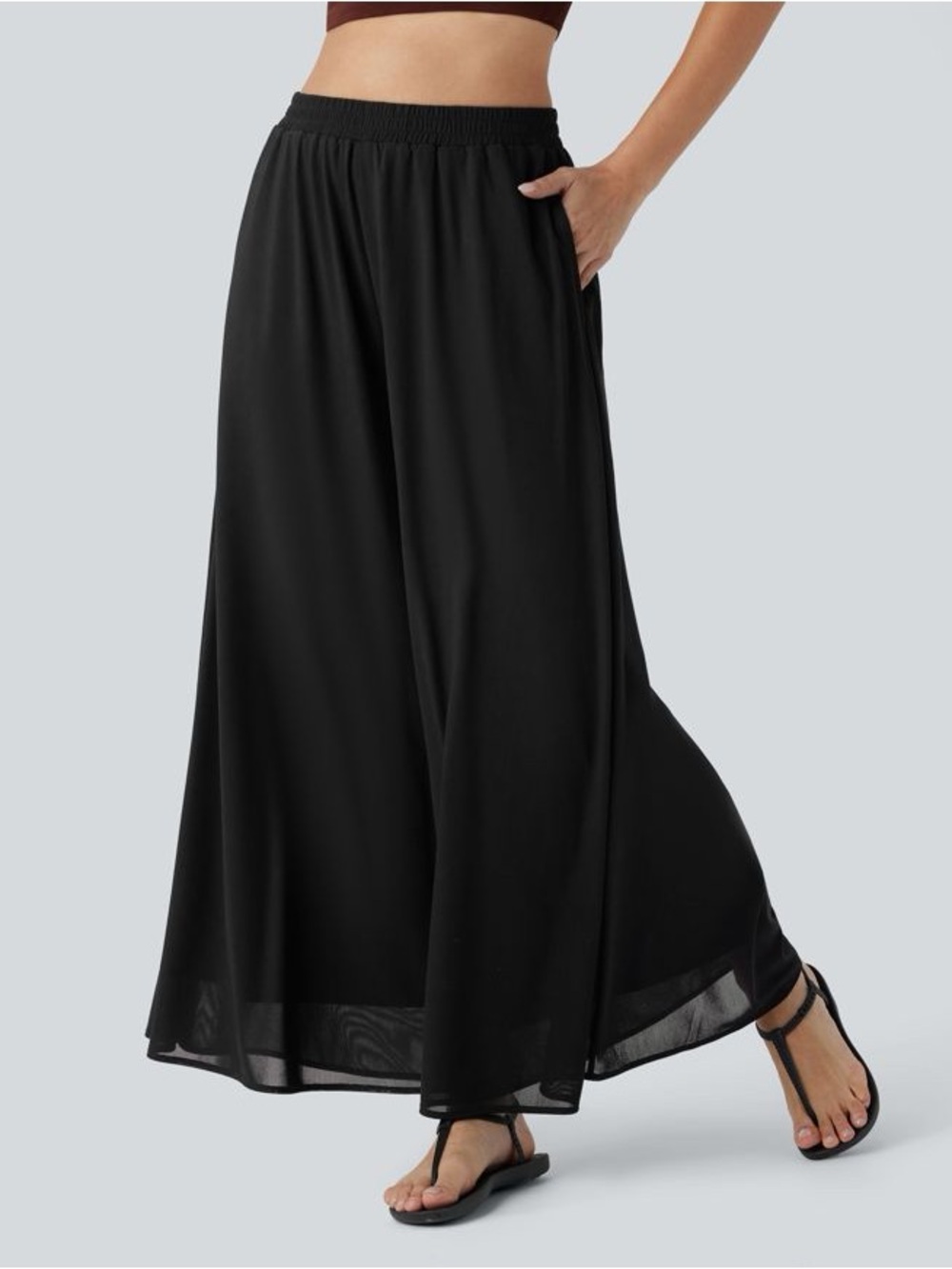 Halara Black XS Tall High Waisted Pocket Mesh Overlay Wide Leg Casual Pants